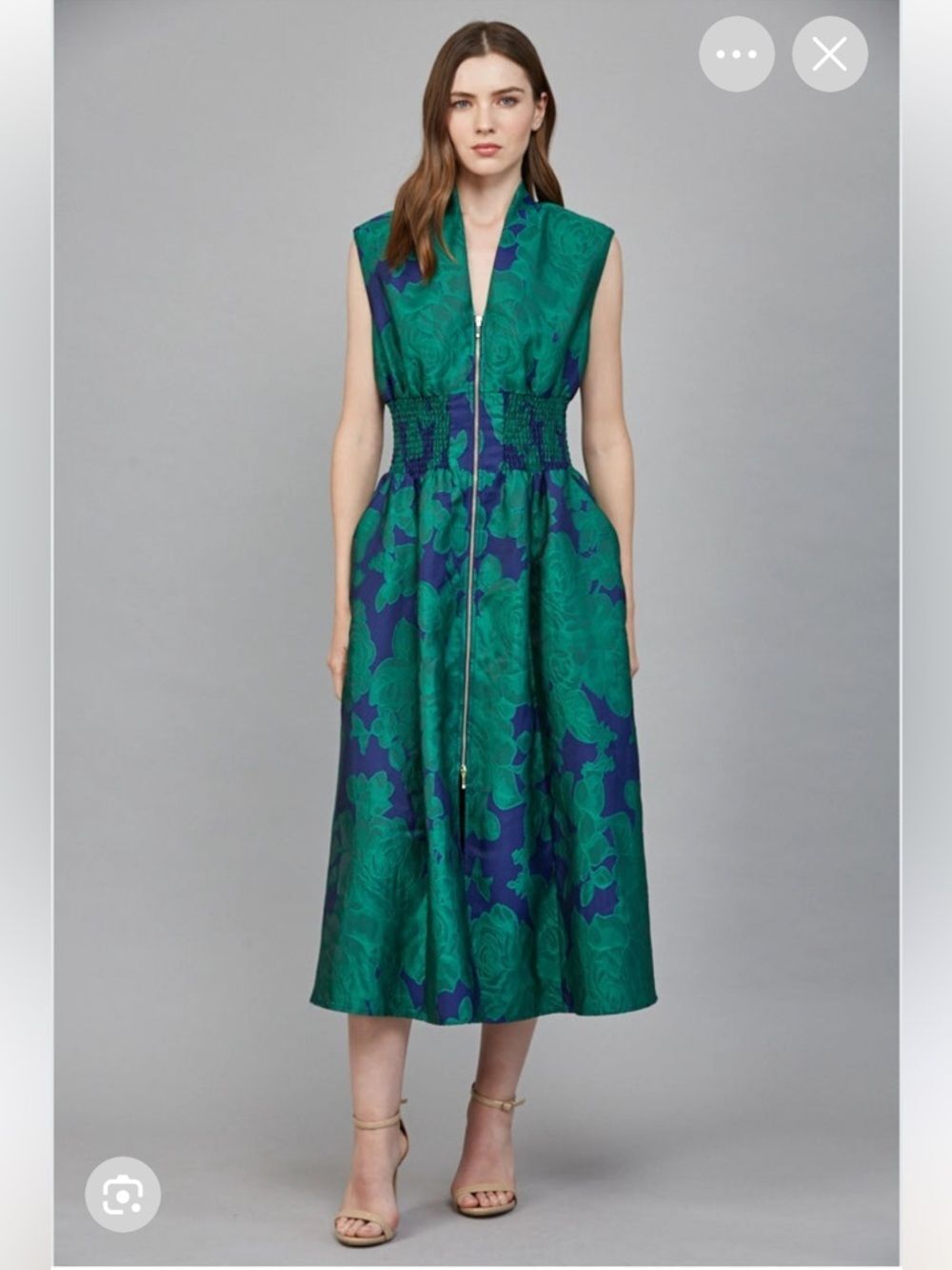 Fate Floral Jacquard Front-Zip Midi Dress in Green and Blue